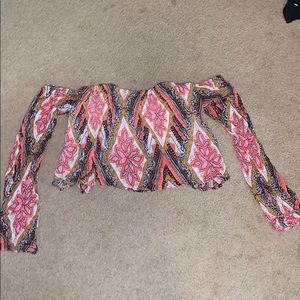 Printed long sleeve off the shoulder crop top